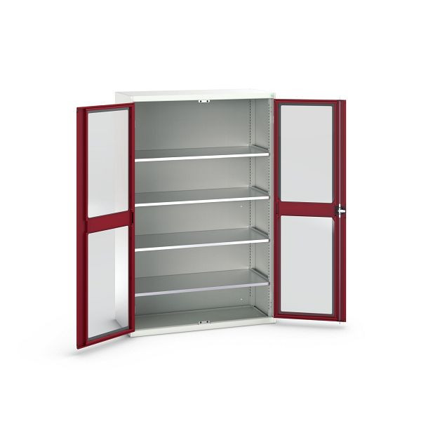 bott verso Flügeltürschrank mit Sichtfenster, mit 4 Fachböden, BxTxH: 1300 x 550 x 2000 mm, Lichtgrau / Purpurrot, 16926663.24
