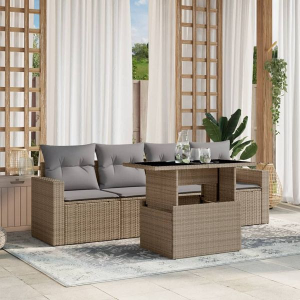 vidaXL 5-teilig Garten-Sofagarnitur mit Kissen Beige Poly Rattan, 3267099