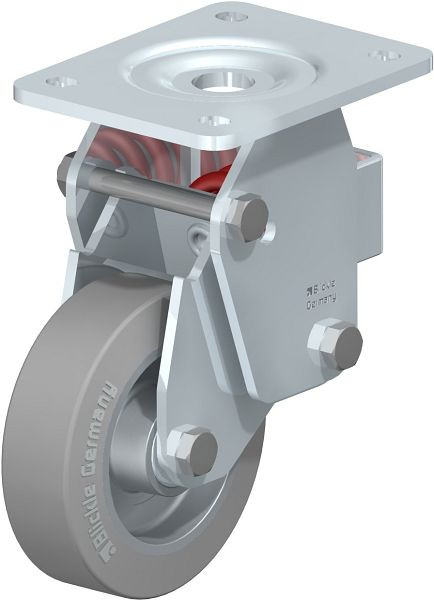 Blickle BHF-ALEV 125K-3-SG Stahlblech-Bockrolle, Schwerlast-Ausführung, mit Stahlfeder, Elastik-Vollgummi, Grau, 726794