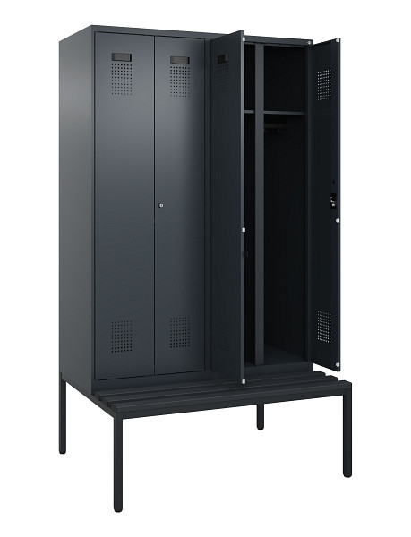 C+P Schwarz-Weiß-Spind Evolo PLUS, Bank, 4 Abteile, 2120x1200x815mm, 7016/7016, Zylinderschloss, Sitzfläche Kunststoff, Sitzbank, 0490527-40 S10097