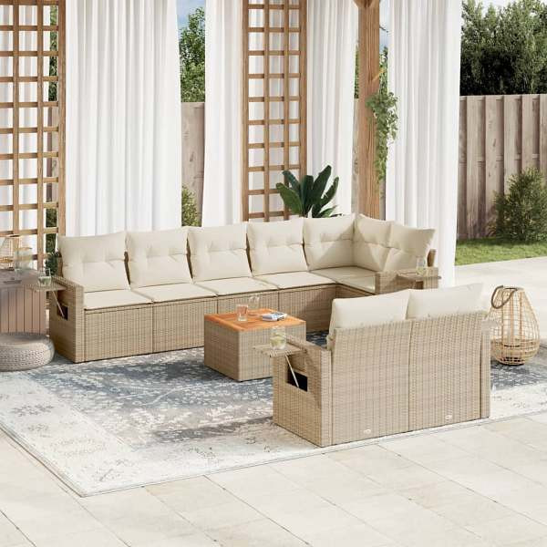 vidaXL 9-tlg. Garten-Sofagarnitur mit Kissen Beige Poly Rattan, UV-beständig, 3256982