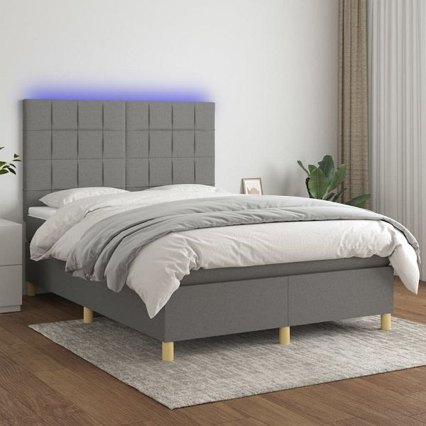 vidaXL Boxspringbett mit Matratze & LED Dunkelgrau 140x200 cm Stoff, 3135438