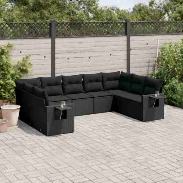 vidaXL 9-tlg. Garten-Sofagarnitur mit Kissen Schwarz Poly Rattan, UV-beständig, 3252932