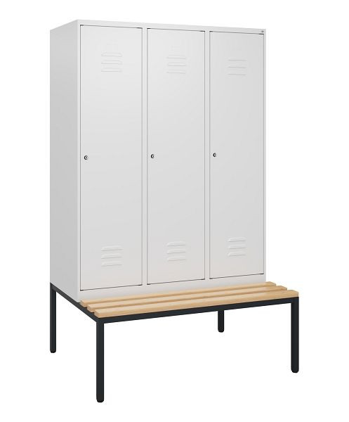 C+P Umkleidespind Classic PLUS, mit untergebauter Sitzbank, 3 Abteile, 1950x1200x815mm, 9016/9016, Zylinderschlösser, Buche-Sitzleisten, 0800505-32 S10029