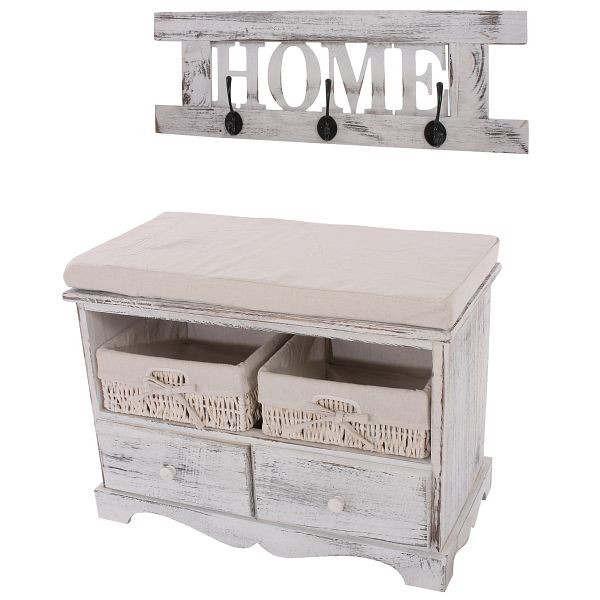 Mendler Garderobe mit Sitzbank Kommode mit 2 Körben 42x62x33cm, Shabby-Look, Vintage, weiß, 30441