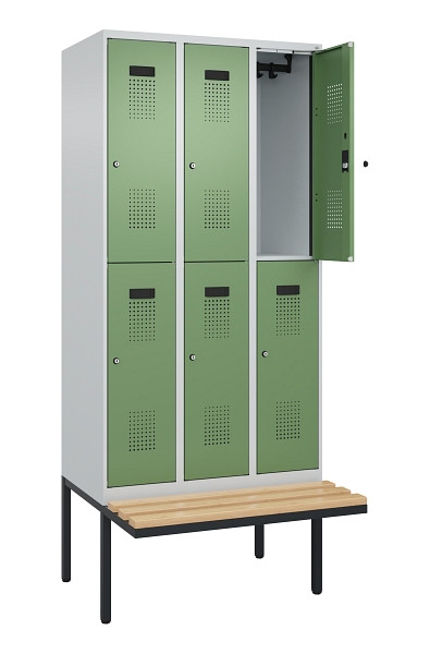C+P Doppelstock-Spind Evolo PLUS, Bank, 6 Fächer, 2120x900x815mm, 7035/6011, Zylinderschloss, Sitzfläche Buche-Hartholz, 0493407-30 S10037