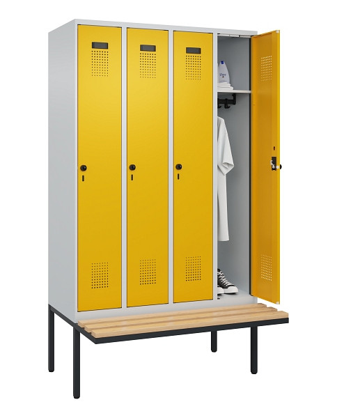 C+P Spind Evolo PLUS, 4 Abteile, 2120x1200x815mm, 7035/1004, Haken 3, Drehriegel, Sitzfläche Holz, 0490407-40 S10000