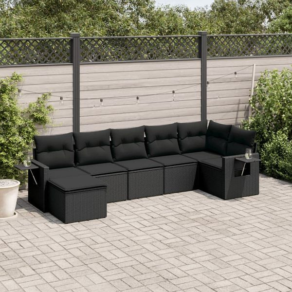 vidaXL 7-tlg. Garten-Sofagarnitur mit Kissen Schwarz Poly Rattan, 3252812