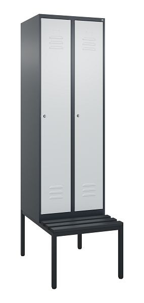 C+P Umkleidespind Classic PLUS, mit untergebauter Sitzbank, 2 Abteile, 2120x600x815mm, 7016/7035, Zylinderschlösser, 0800507-20 S10028