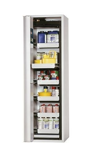 asecos Gefahrstoffschrank GF-601.6, 600 mm, 6 Auszugswannen, Falttür rechts, grau, 3023400130269
