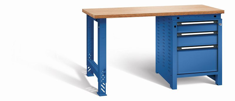 Otto Kind Werkbank function Typ 205, überstehende Multiplex-Arbeitsplatte, 1 Fußgestell, 1 Unterbau, komplett RAL 5010, 072192013