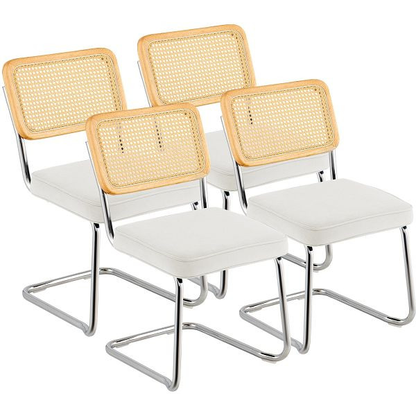 VEVOR Rattan-Stühle, 4er-Set, Moderner Esszimmerstuhl, Gepolsterter Samt-Akzentstuhl mit Rattan-Rückenlehne, Lesezimmer, Weiß, TBYCYTERBS40GKXI7V0