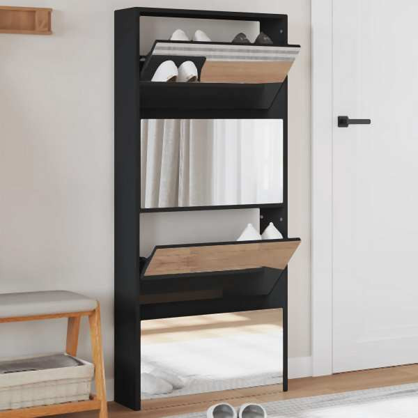 vidaXL Schuhschrank mit Spiegel 4 Fächer Schwarz 63x17x134 cm, 3228274