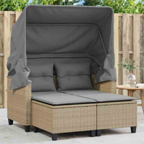 vidaXL Gartensofa 2-Sitzer mit Dach und Hockern Beige Poly Rattan, UV-beständig, 365785