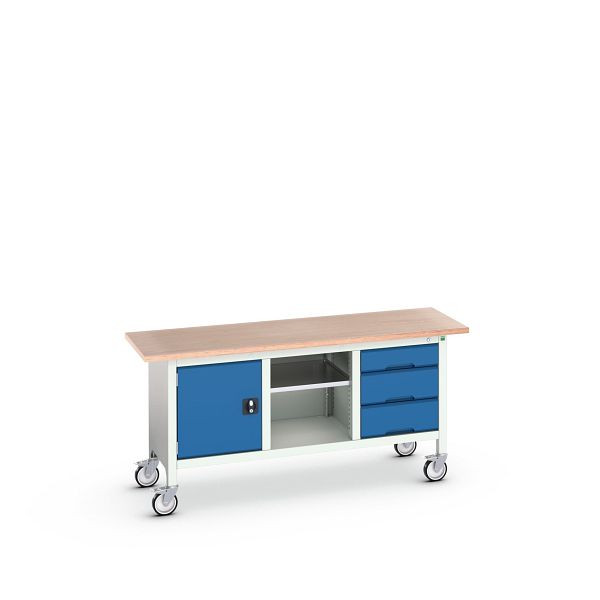bott verso mobile Kastenwerkbank (Multiplex) 3 Schubladen, 1 Tür und 1 Ablageboden, BxTxH: 1750 x 600 x 830 mm, Lichtgrau / Enzianblau, 16923220.11