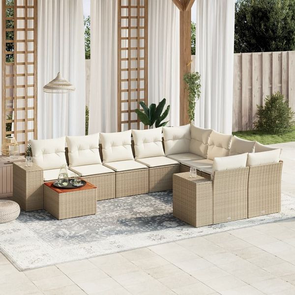 vidaXL 10-teilig Garten-Sofagarnitur mit Kissen Beige Poly Rattan, 3225610