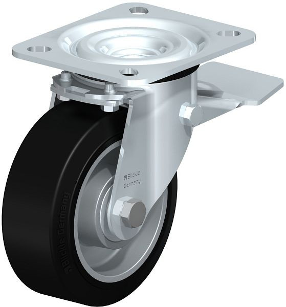 Blickle L-ALEV 100K-ST Stahlblech-Lenkrolle, mittelschwere Ausführung, mit Anschraubplatte & Feststeller, Elastik-Vollgummi, Schwarz, 646091