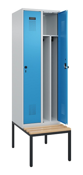 C+P Spind Evolo PLUS, 2 Abteile, 2120x600x815mm, 7035/5012, Drehriegel, Sitzfläche Buche-Hartholz, Sitzbank, 0490507-20F S10007