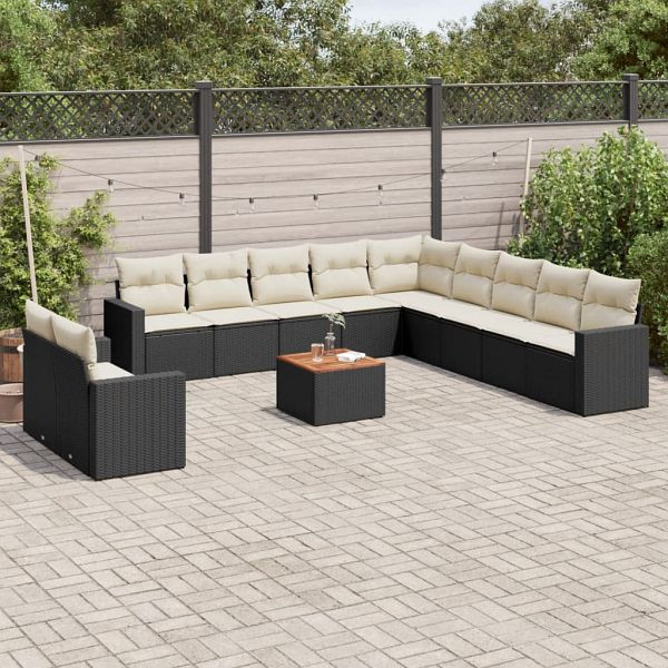 vidaXL 12-teilig Garten-Sofagarnitur mit Kissen Schwarz Poly Rattan, 3224201