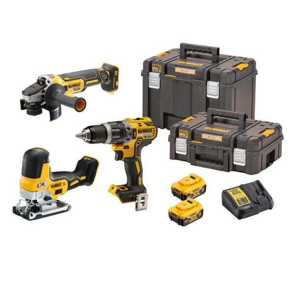 DeWalt 18 Volt / 5 Ah Akku-Kombopack, Schlagbohrschrauber, Winkelschleifer, Stichsäge, Akkus, Ladegerät, Koffer, DCK329P2T-QW