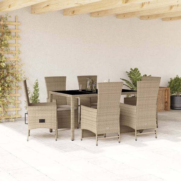 vidaXL 7-teilig Garten-Essgruppe mit Kissen Beige Poly Rattan, 3277576