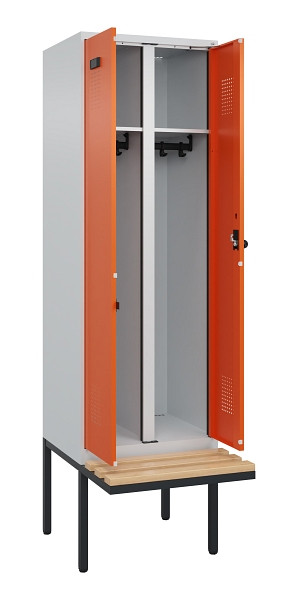 C+P Schwarz-Weiß-Spind Evolo PLUS, Bank, 2 Abteile, 2120x600x815mm, 7035/2004, Drehriegel, Sitzfläche Holz, 0490427-20 S10002