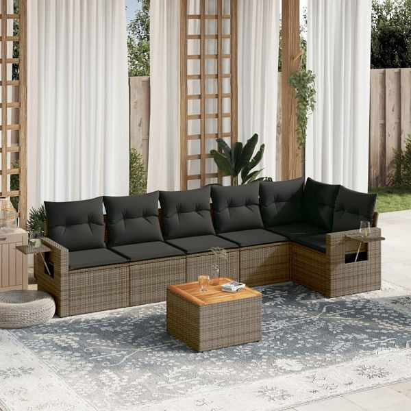 vidaXL 7-teilig Garten-Sofagarnitur mit Kissen Grau Poly Rattan, 3256907