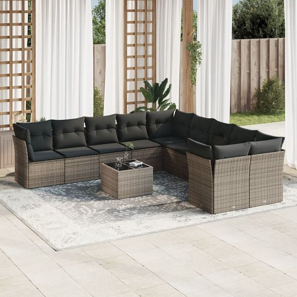 vidaXL 11-teilig Garten-Sofagarnitur mit Kissen Grau Poly Rattan, 3218250