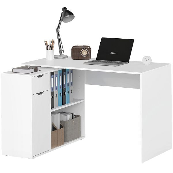 HOMCOM Flexibler Schreibtisch, 2-stufiger Schrank, Schublade, offene Fächer, Holz, Weiß, 836-609V90WT