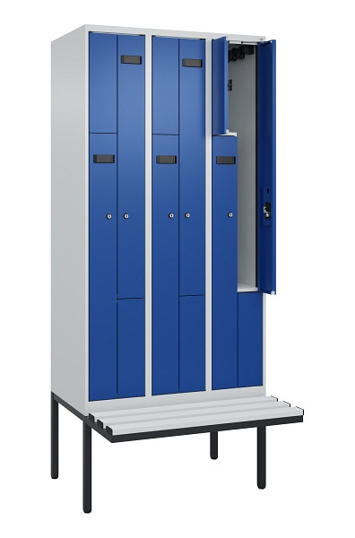 C+P Z-Spind Evolo PLUS, Bank, 6 Fächer, 2120x900x815mm, 7035/5010, Zylinderschloss, Material Sitzfläche Kunststoff, 0490437-306 S10086