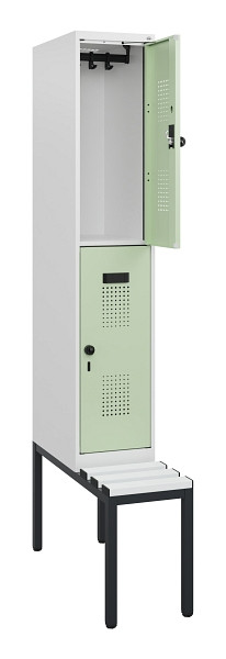 C+P Doppelstöckiger Spind Evolo PLUS, Bank, 2 Fächer, 1950x300x815mm, 9016/6019, Drehriegel, Sitzfläche Kunststoff, Sitzbank, 0493505-10 S10118