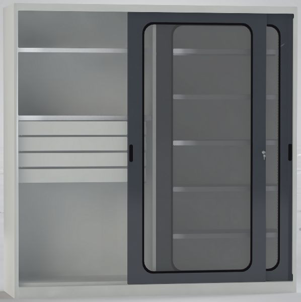 KLW Schiebetürenschrank, 2000x2000x525mm, mit Acrylglas-Sichtfenster, Sicherheits-Gummieinfassung, 2 Schubladen 800mm, rot, 7SN-UL2000FB-20S6MRB