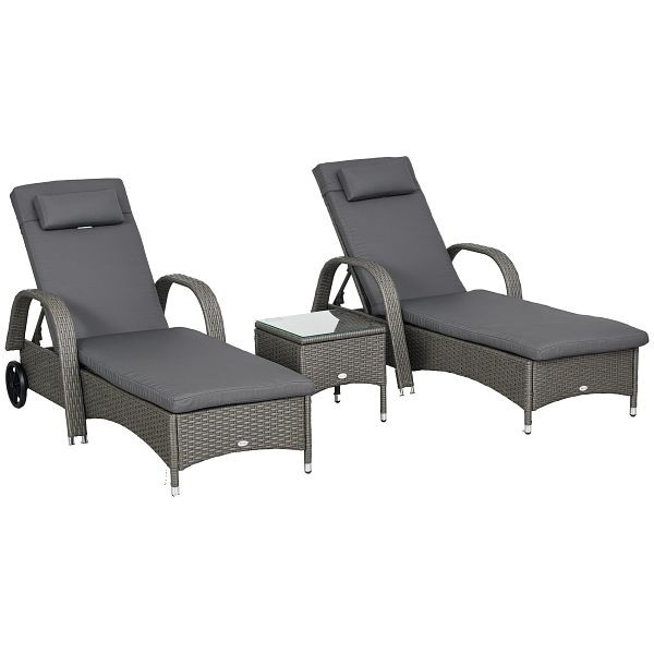 Outsunny Sonnenliege Gartenliege Tisch 3er-Set Gartenmöbel, Polyrattan+Metall Grau+Dunkelgrau, 862-011CG