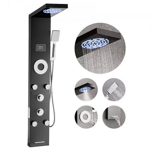 VEVOR Duschpaneel-Turmsystem, Edelstahl, mit LED, 1345 mm, Regenwasserduschkopf, 5 Körperdüsen, zur Wandmontage., FTYS6CS2MSDPUJ3L4001V9