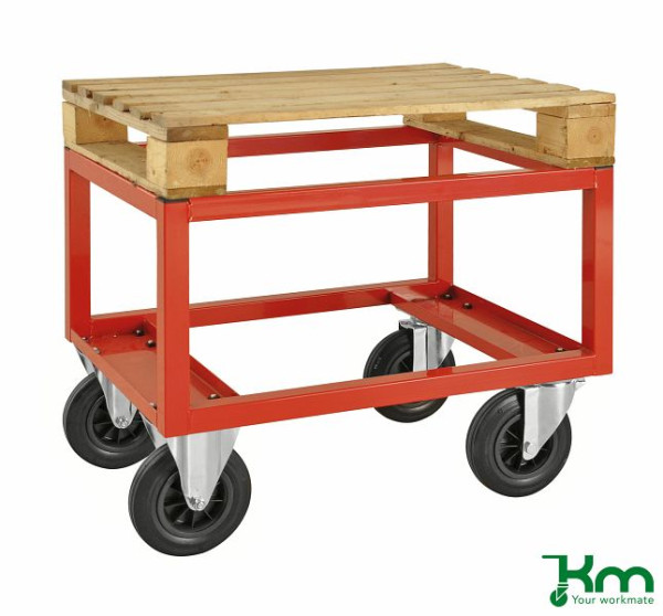 Kongamek Palettenwagen - niedrig, 2 Bock- und 2 Lenkrollen aus Vollgummi mit Bremsen, Rot, 800 x 600 x 650 mm, KM221-HB