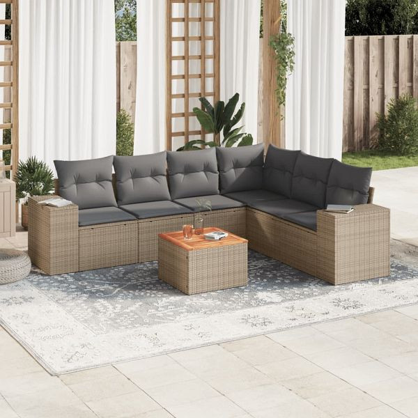vidaXL 7-tlg. Garten-Sofagarnitur mit Kissen Beige Poly Rattan, 3257795