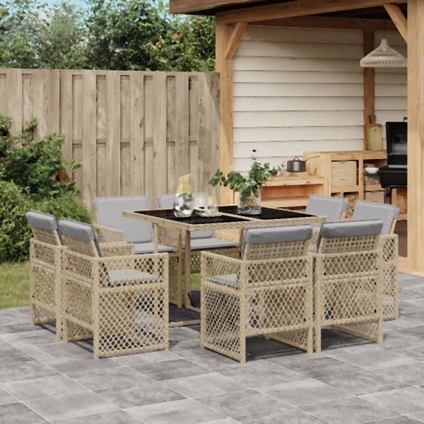 vidaXL 9-tlg. Garten-Essgruppe mit Kissen Beigemischung Poly Rattan, 3210840