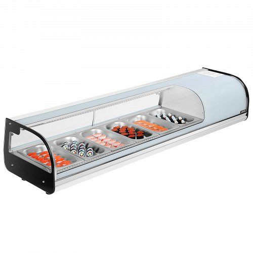 VEVOR 62 L Sushi Kühlvitrine mit gebogenem Glas, LED-Beleuchtung & digitaler Temperaturregelung, 6 Pfannen, LZSSZSJTSYX6NORJR001V2