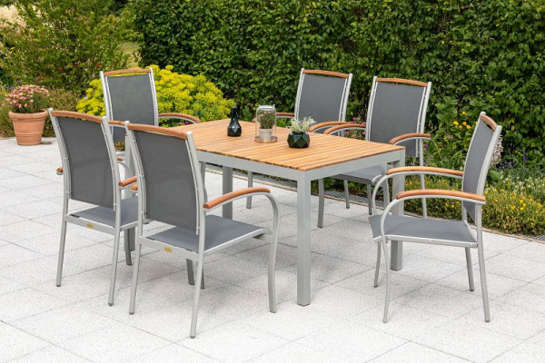 Merxx Siena Set 7-teilig, 6 Siena Stapelsessel, mit Akazienholzapplikationen, 1 Tisch 150 x 90 cm, Tischplatte aus Akazienholz, 50230-219