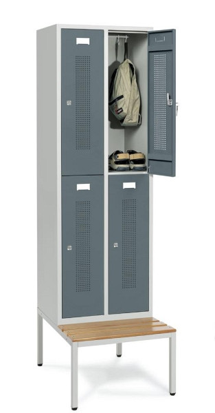 Deskin Doppelstöckiger Spind mit Sitzbank, Blaugrau RAL 7031, 590 x 800 x 2050 mm, 4 Abteile, Korpus: Lichtgrau RAL 7035, 331494