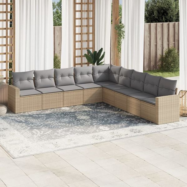 vidaXL 9-teilig Garten-Sofagarnitur mit Kissen Beige Poly Rattan, 3219079