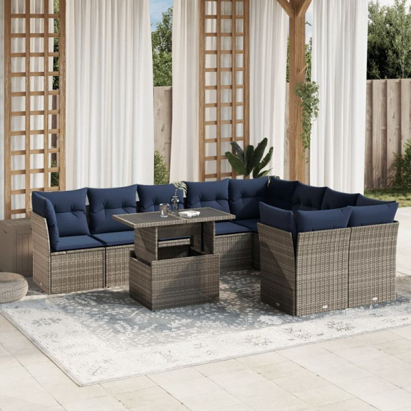 vidaXL 10-teiliges Gartensofa-Set mit Kissen, grau, Polyrattan, 3266841