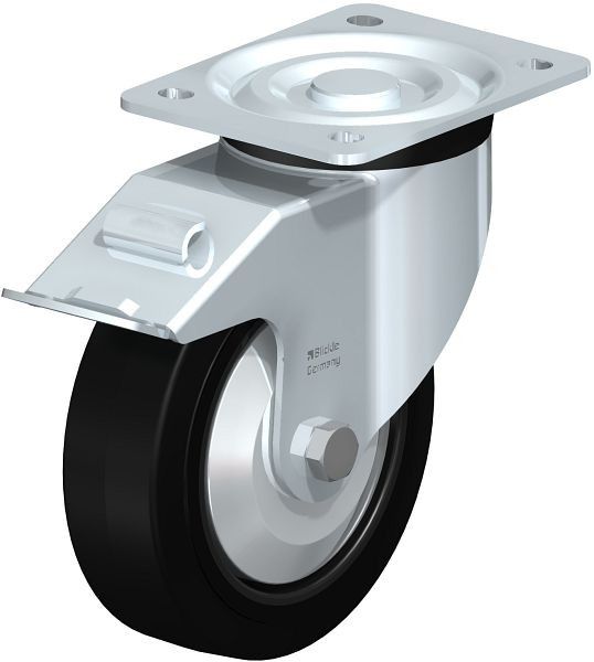 Blickle L-POEV 160XR-FI-FA Stahlblech-Lenkrolle, mittelschwere Ausführung, mit Anschraubplatte & Feststeller, Elastik-Vollgummi, Schwarz, 850613