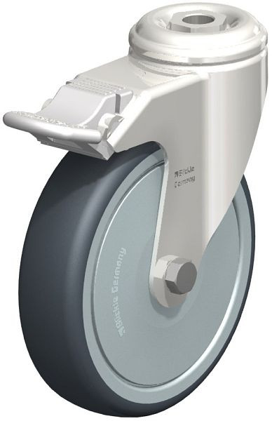 Blickle LKRXA-TPA 126KD-FI-FK Edelstahl-Apparate-Lenkrolle mit Rückenloch & Feststeller, Thermoplastisches Gummi-Elastomer, Grau, 574640