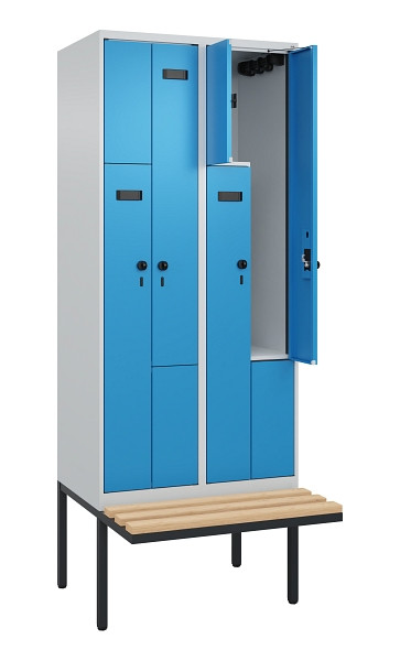 C+P Z-Spind Evolo PLUS, Bank, 4 Fächer, 2120x800x815mm, 7035/5012, Drehriegel, Sitzfläche Holz, 0490437-224 S10017