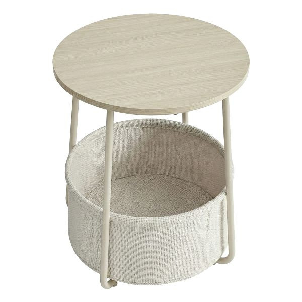 VASAGLE Kleiner runder Couchtisch, Beistelltisch mit Stoffkorb, Stauraum für Wohnzimmer, Schlafzimmer, Nachttisch, moderner Stil, cremeweiß, LET223K67