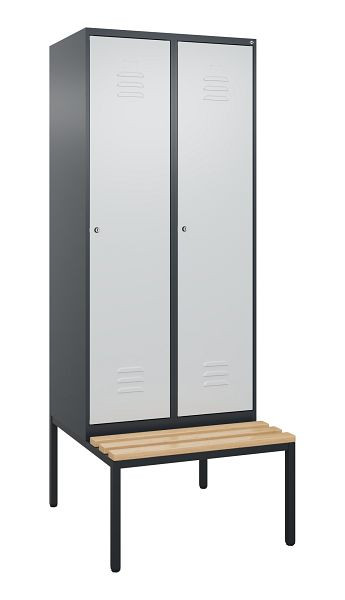 C+P Umkleidespind Classic PLUS mit Mitteltrennwand, Bank, 2 Abteile, 2120x800x815mm, 7016/7035, Zylinderschlösser, Buche-Sitzleisten, 0800507-22F S10057
