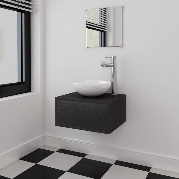 vidaXL 4-teilig Badmöbel-Set mit Waschbecken und Wasserhahn Schwarz, 273685