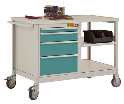 Manuflex ESD-Mobile Werkbank Modell 2 mit Schubfächer und Einlegeböden, BxTxH 1135 x 590 x 805 mm, Wasserblau, LW1001.5021