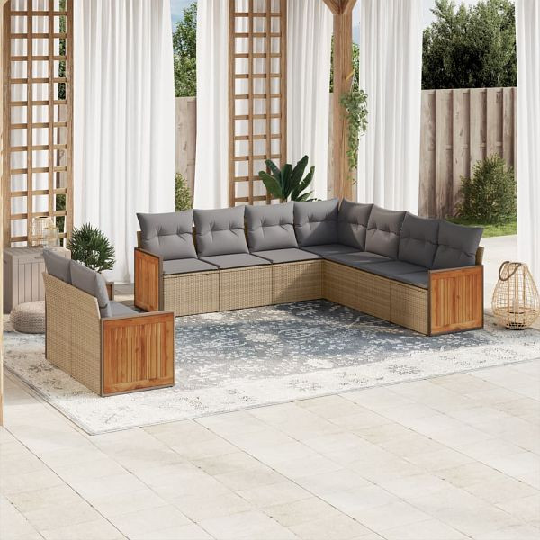 vidaXL 9-tlg. Garten-Sofagarnitur mit Kissen Beige Poly Rattan, 3227781